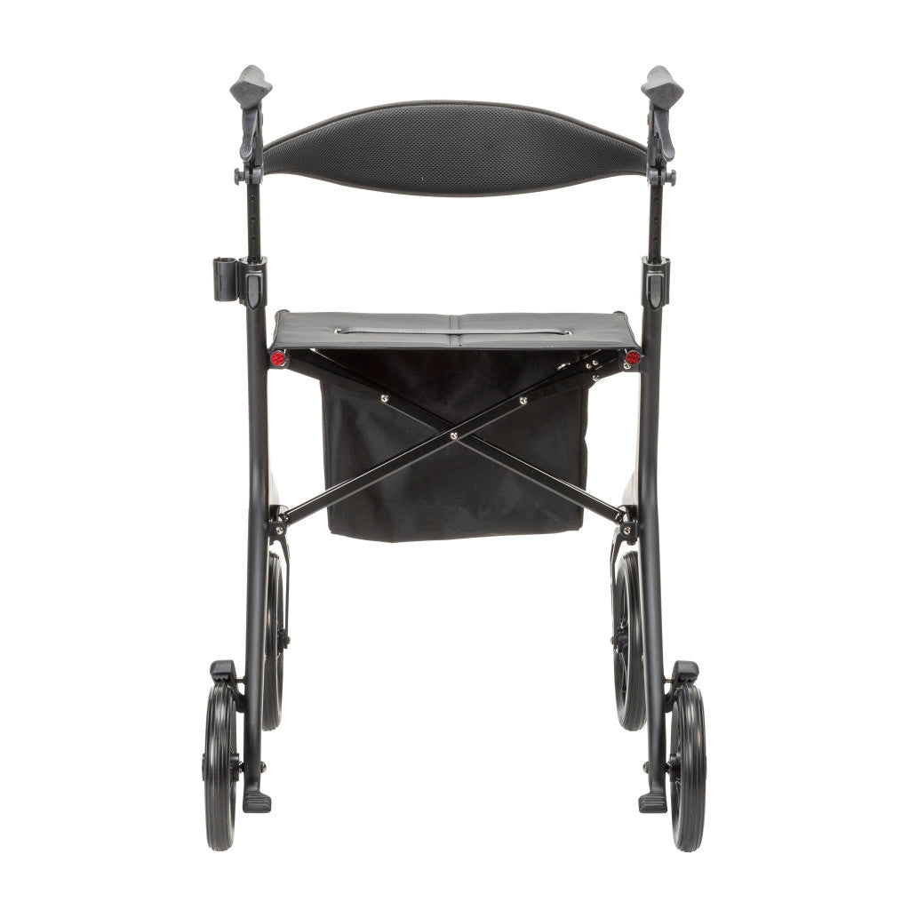 Front view of the Drive Medical AeroCarbon Ultra-Lite Rollator showing the 17.5 inch seat, ergonomic backrest and hand grips